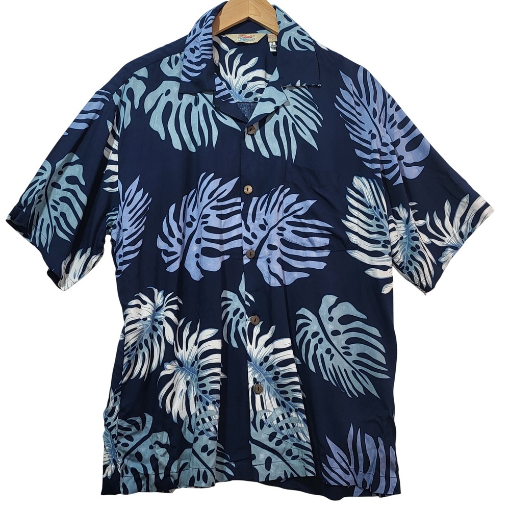 Hawaii Hangover Mens Monstera Leaf‎ Rayon Aloha Shirt Blue Tropical Large